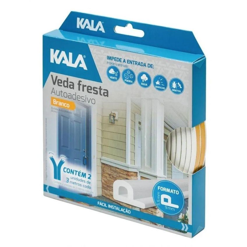 Veda Fresta Adesivo Perfil P 9x5,5mm 6m Vedacao Contra Poeira Umidade Insetos Branco Kala - imagem 5