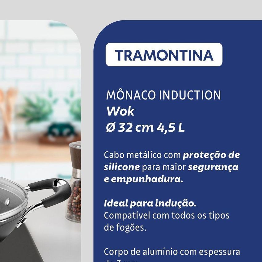 Frigideira Wok Mônaco Induction Alumínio Com Revestimento Starflon Premium 4,5l Preto Tramontina - imagem 4