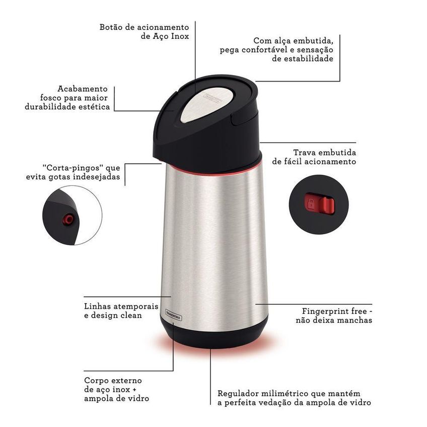 Garrafa Térmica Exata Conservação De Bebidas Aço Inox Ampola De Vidro Tramontina 1,2l - imagem 3