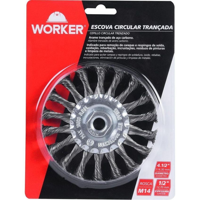 Escova Circular Aço Trançado 4.1/2 Polegadas M14 Para Esmerilhadeira Aço Carbono Worker - imagem 4