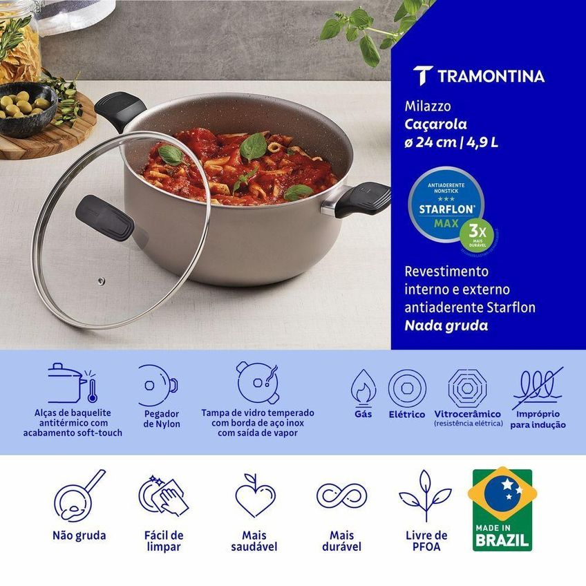 Caçarola Milazzo Alumínio Antiaderente Starflon Max 24cm Tampa De Vidro Tramontina - imagem 3