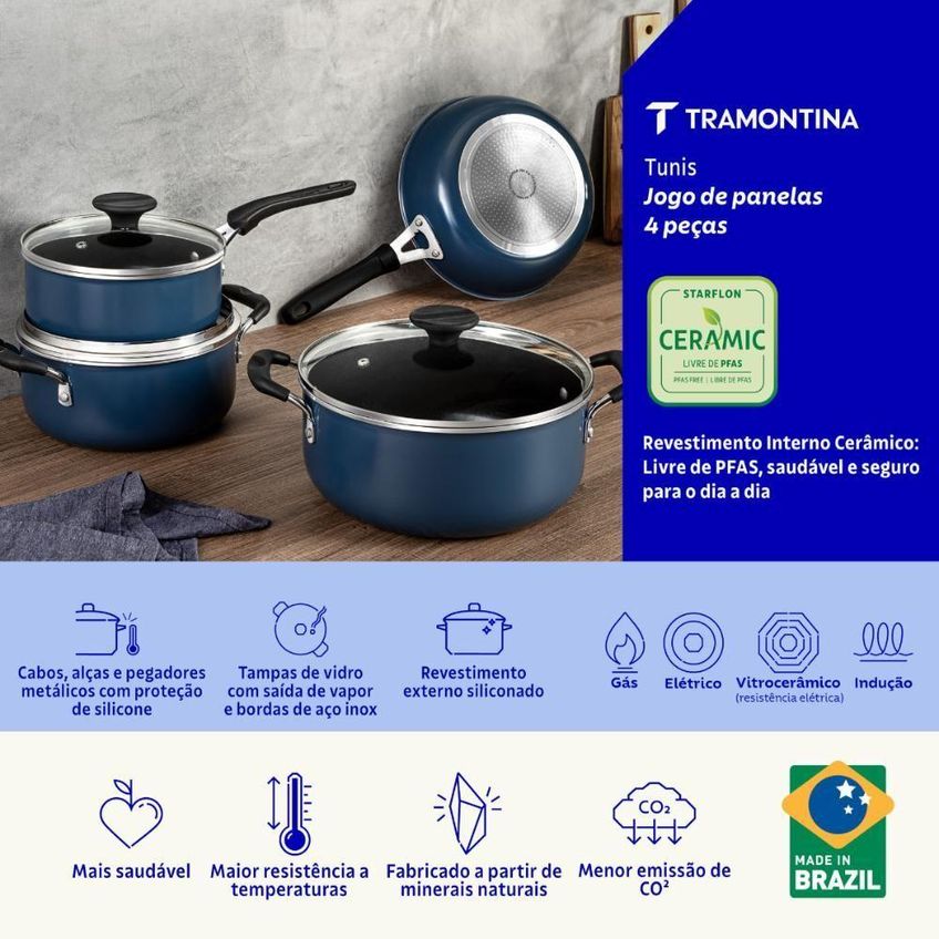 Jogo Panelas Tunis 4 Peças Alumínio Cerâmica Indução Azul Tramontina - imagem 3