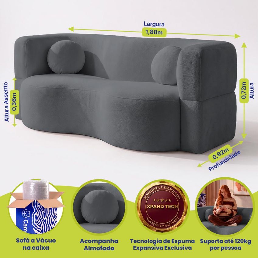 Sofá Cama Bolge 1,88m Xpand Tech Tecido Bouclê Cinza Escuro Cama Inbox - imagem 3
