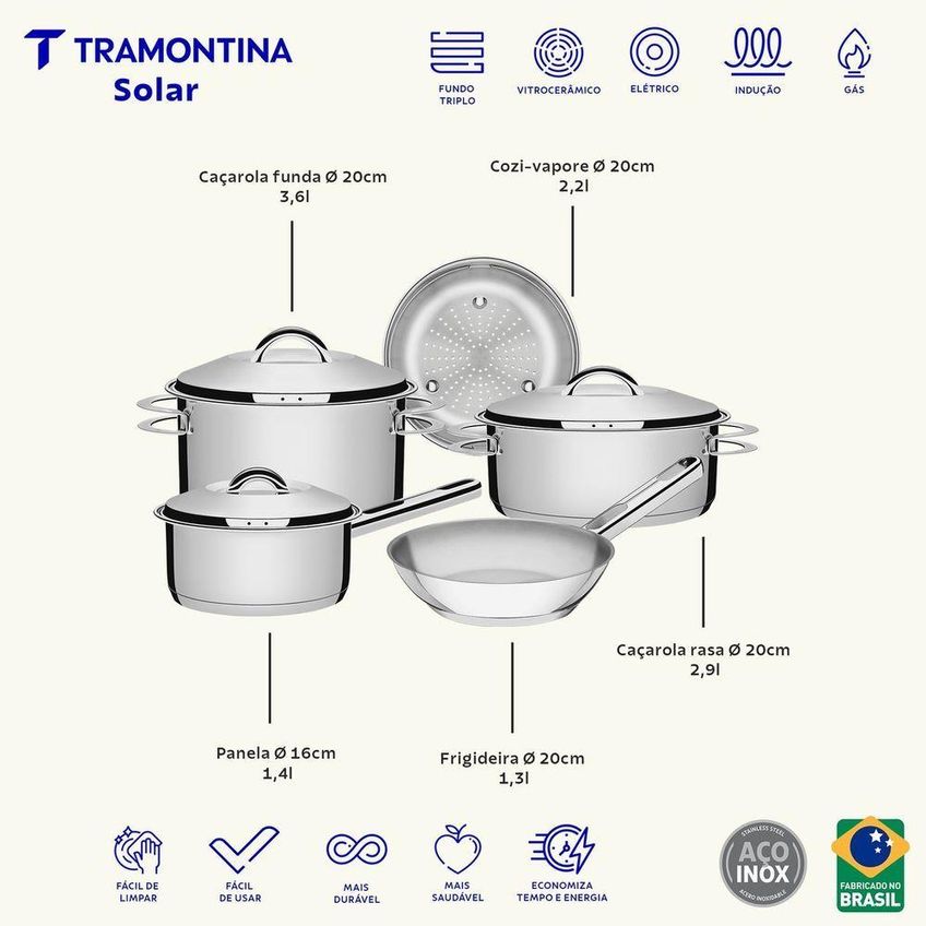 Jogo De Panelas Solar Aço Inox Fundo Triplo 5 Peças Tramontina - imagem 3