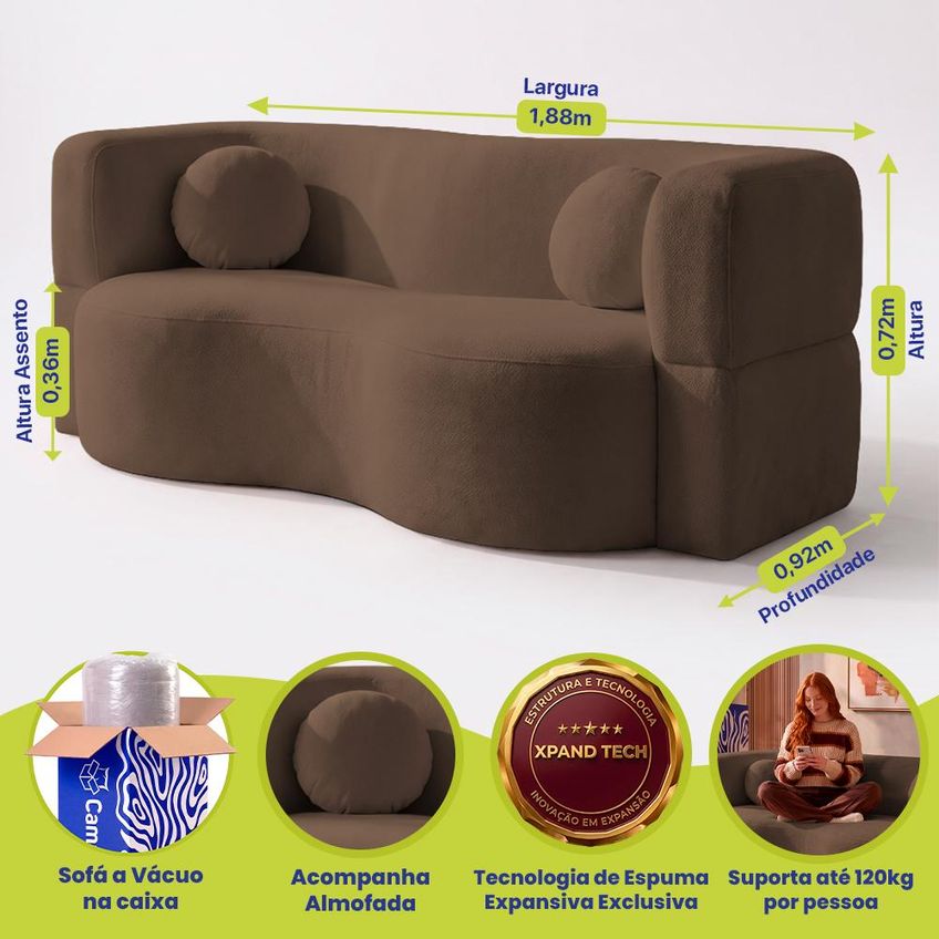 Sofá Cama Bolge 1,88m Xpand Tech Tecido Bouclê Marrom Cama Inbox - imagem 3