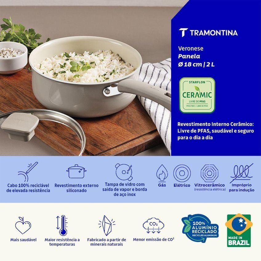 Panela Veronese Alumínio Reciclado Revestimento Cerâmico Tampa Vidro Temperado Bege Mineral - imagem 3