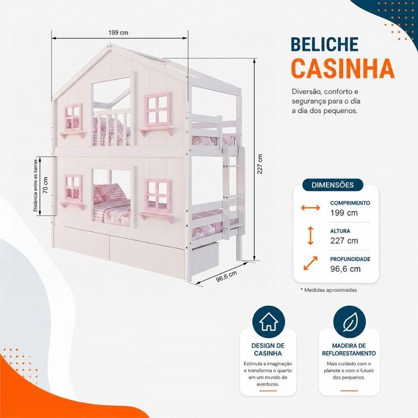 Beliche Infantil Casinha Dos Sonhos Com Gavetas Madeira Maciça Branco Rosa Housin - imagem 3