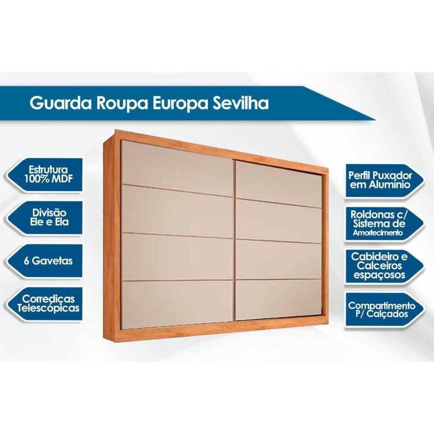 Guarda Roupa Casal Sevilha 2 Portas Correr 6 Gavetas Braúna Europa - imagem 5
