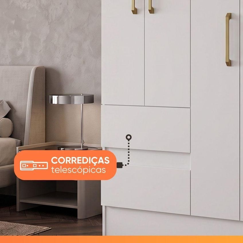 Guarda Roupas Solteiro 4 Portas 2 Gavetas Mel Branco Aramóveis - imagem 3