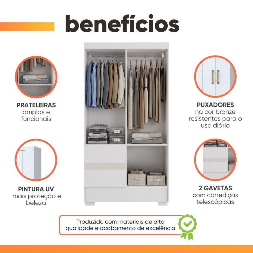 Guarda Roupas Solteiro 4 Portas 2 Gavetas Mel Branco Aramóveis - imagem 4