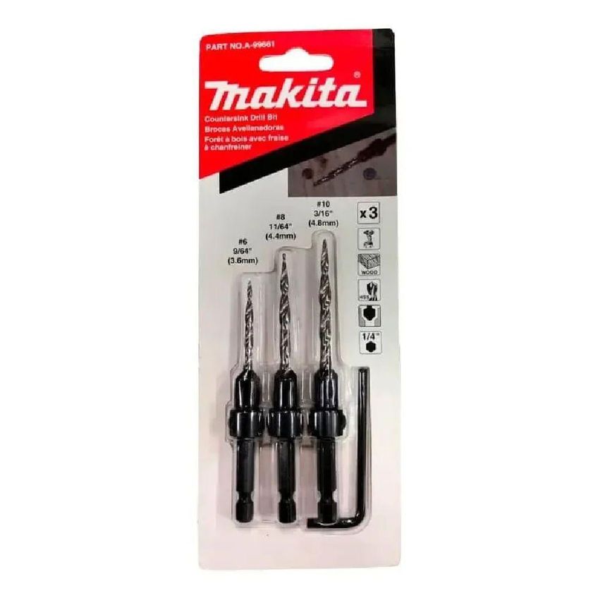 Conjunto Brocas Escareadoras 6mm 8mm 10mm Com Chave Hex A-99661 Para Perfuração Makita - imagem 3