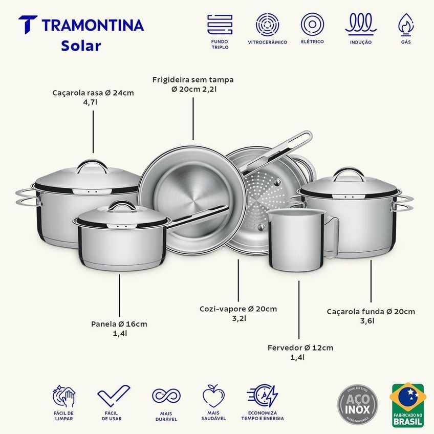 Jogo De Panelas Solar Aço Inox Fundo Triplo 6 Peças Tramontina - imagem 4