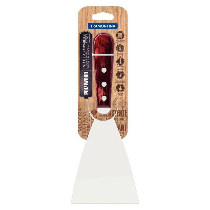 Espátula Raspador 5 Pol Polywood Aço Inox Cabo Madeira Vermelho Tramontina - imagem 3