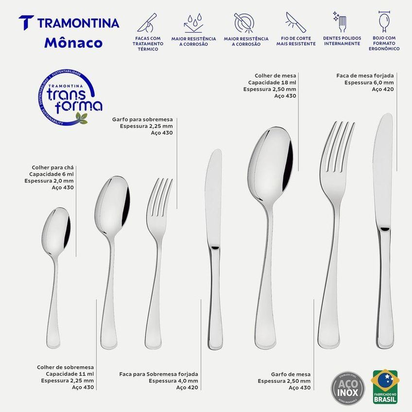 Faqueiro Mônaco 42 Peças Aço Inox Alto Brilho Inox Tramontina - imagem 5