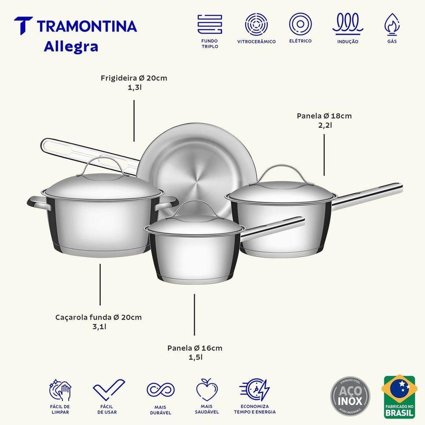 Jogo De Panelas Allegra Inox Fundo Triplo 4 Peças Tramontina - imagem 5