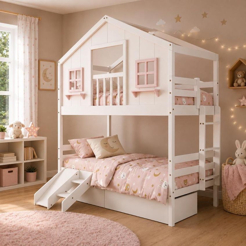 Cama Infantil Solteiro Casinha Dos Sonhos Com Varanda Kit Escorregador Madeira Maciça Branco E Rosa - imagem 3