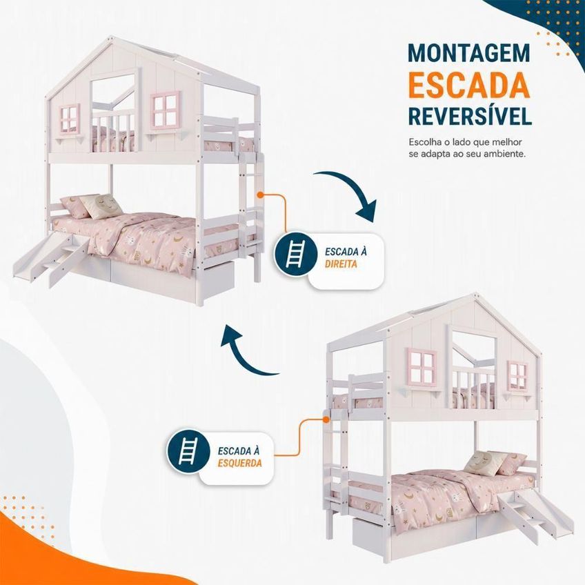 Cama Infantil Solteiro Casinha Dos Sonhos Com Varanda Kit Escorregador Madeira Maciça Branco E Rosa - imagem 4