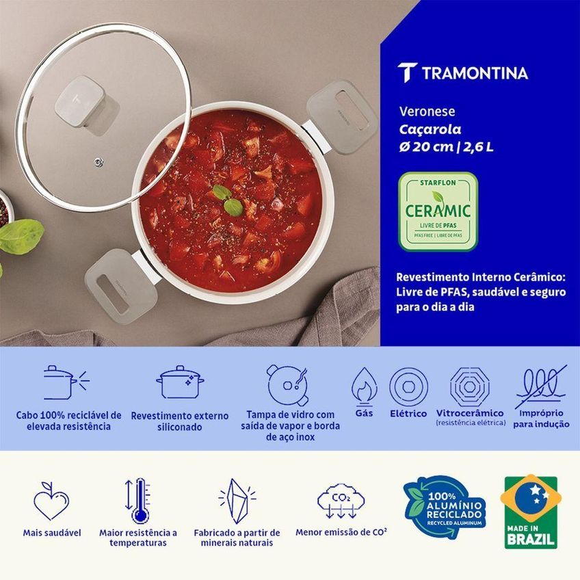 Caçarola Veronese Alumínio Reciclado Cerâmico 2,6l Tampa Vidro Bege Mineral Tramontina - imagem 3