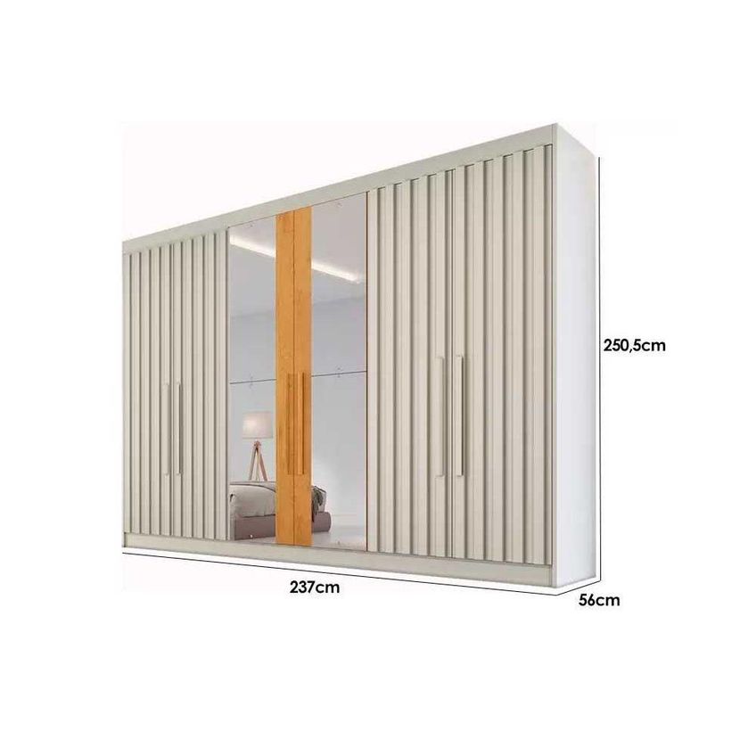 Guarda Roupa Casal Potente 6 Gavetas MDF Ripadas C Espelhos Peroba Off White Europa - imagem 3
