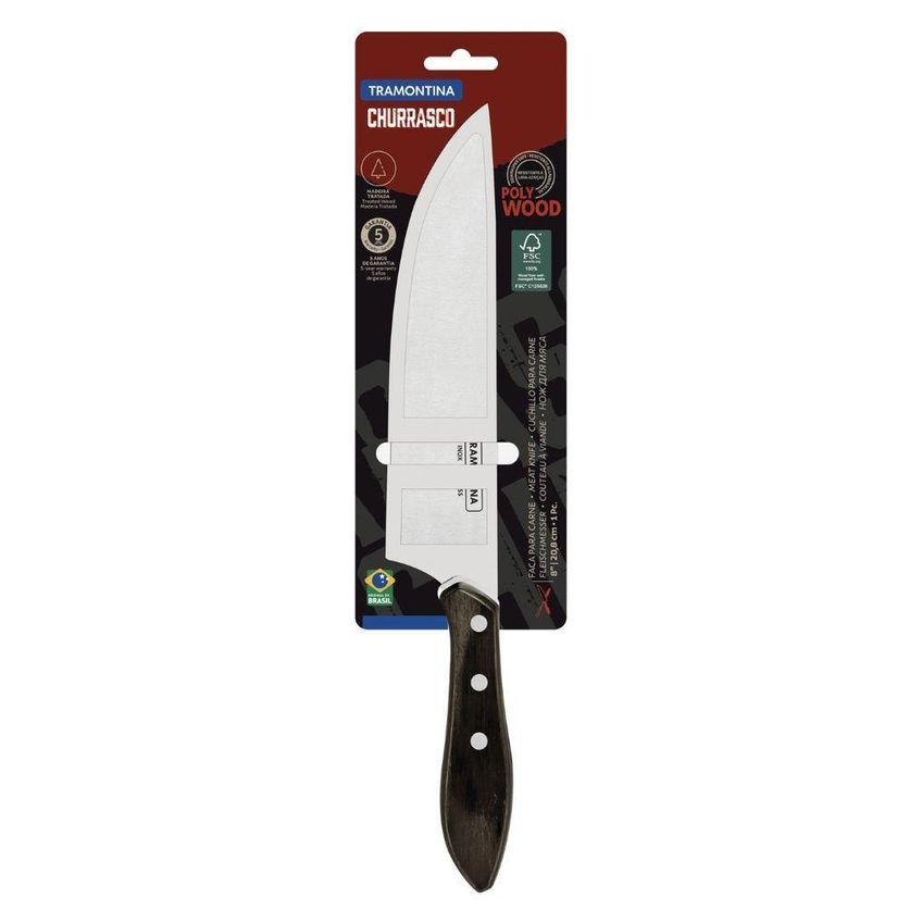 Faca Para Carne Polywood Corte Preciso Aço Inox Cabo Madeira Alta Resistência Churrasco Castanho - imagem 4