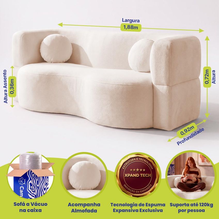 Sofá Cama Bolge 1,88m Xpand Tech Tecido Bouclê Bege Claro Cama Inbox - imagem 3