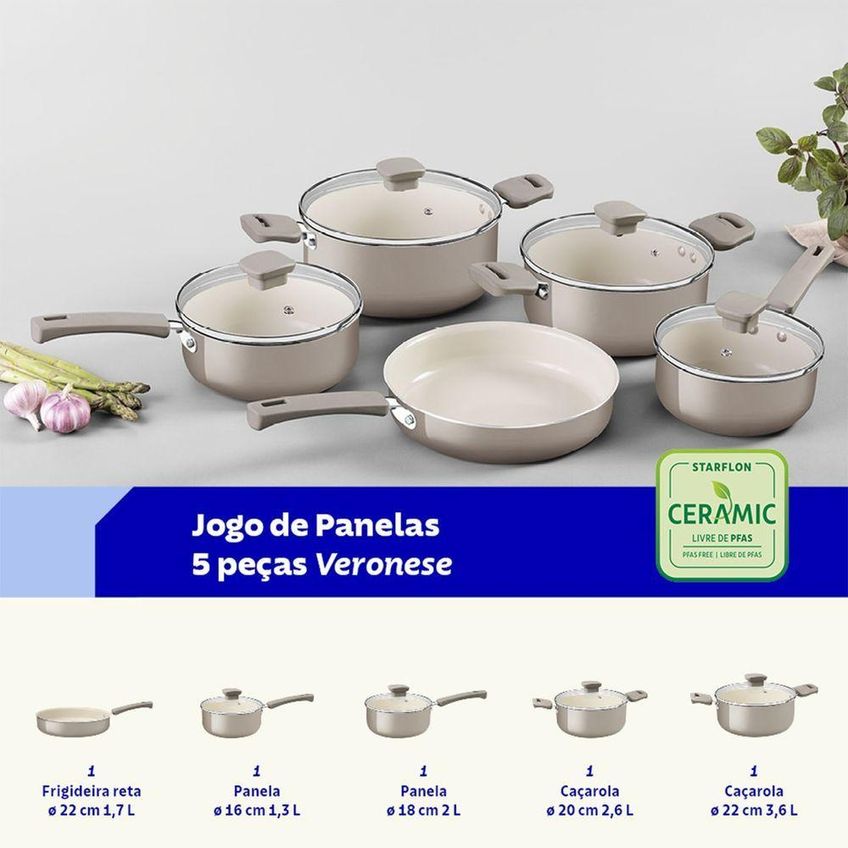 Jogo De Panelas Veronese Alumínio Reciclado Cerâmico Externo Siliconado Bege 5 Peças Tramontina - imagem 3