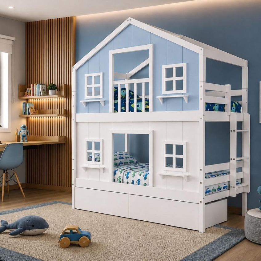 Cama Infantil Solteiro Casinha Dos Sonhos Com Gavetas Madeira Maciça Branco Azul Housin - imagem 3