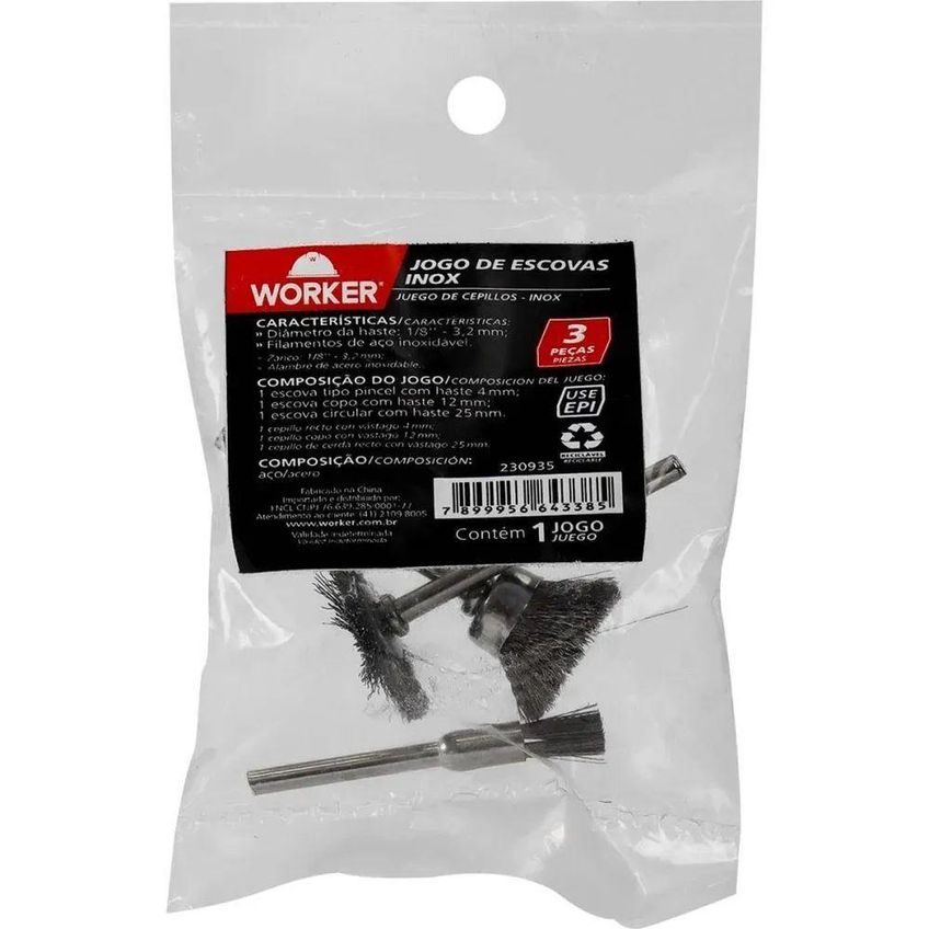 Jogo De Escovas Aço Inox 3 Peças 3,2mm Para Limpeza Worker 230935 - imagem 3