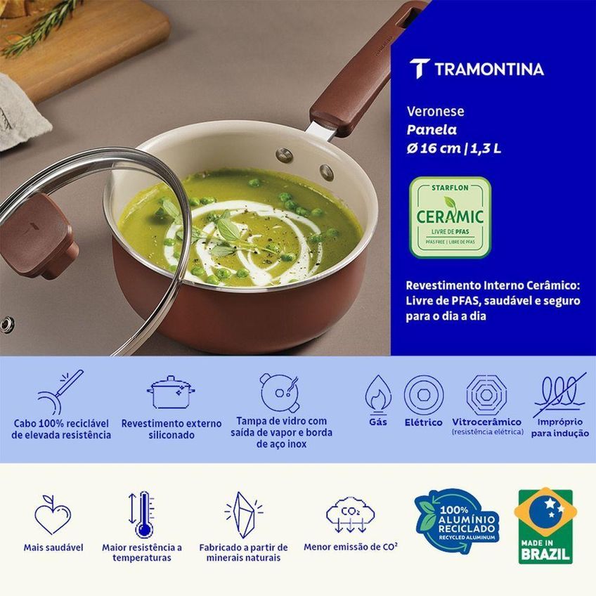 Panela Veronese Preparo De Molhos Alumínio Reciclado Revestimento Cerâmico Argila Tramontina 1,3l - imagem 4
