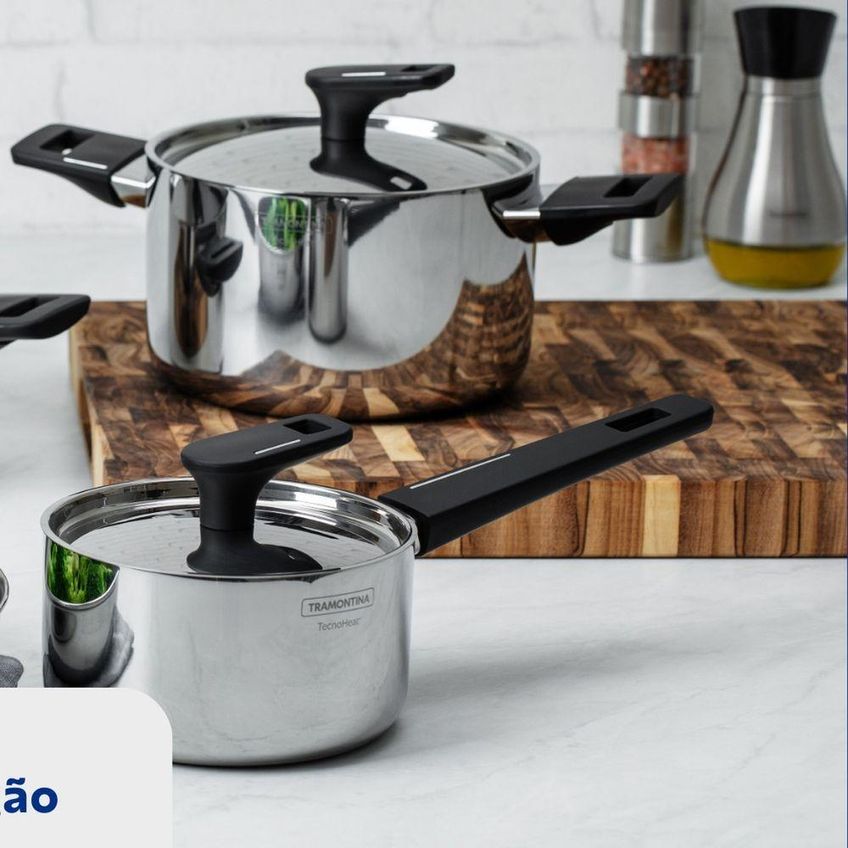 Jogo De Panelas Grano Baquelite Aço Inox Corpo Triplo Indução Tramontina - imagem 3