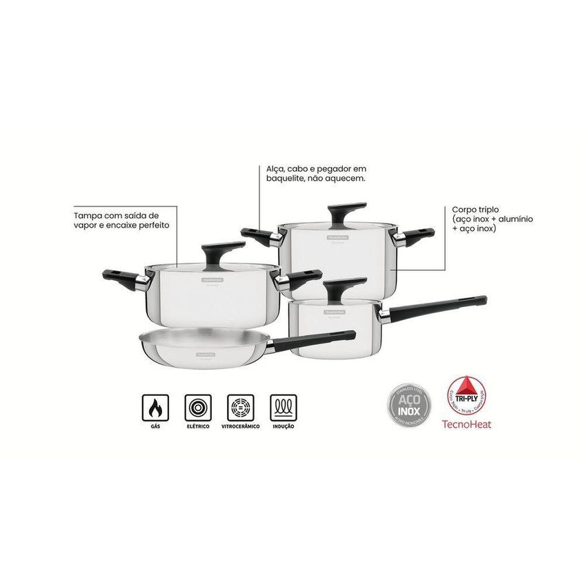 Jogo De Panelas Grano Baquelite Aço Inox Corpo Triplo Indução Tramontina - imagem 4