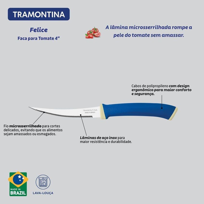 Conjunto De Facas Para Tomate Felice Aço Inox Microsserrilhado Cozinha Azul Tramontina 02 Peças - imagem 5