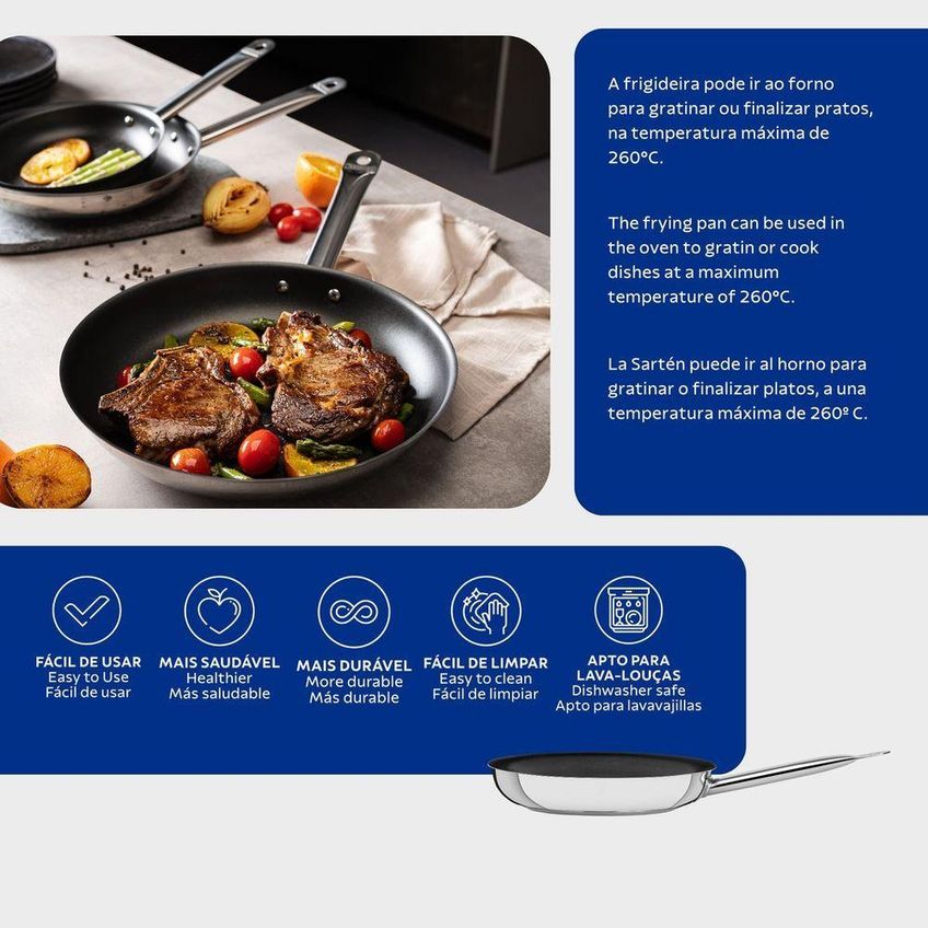 Frigideira Professional Rasa Aço Inox Fundo Triplo Antiaderente 2,9l 30cm Tramontina - imagem 5