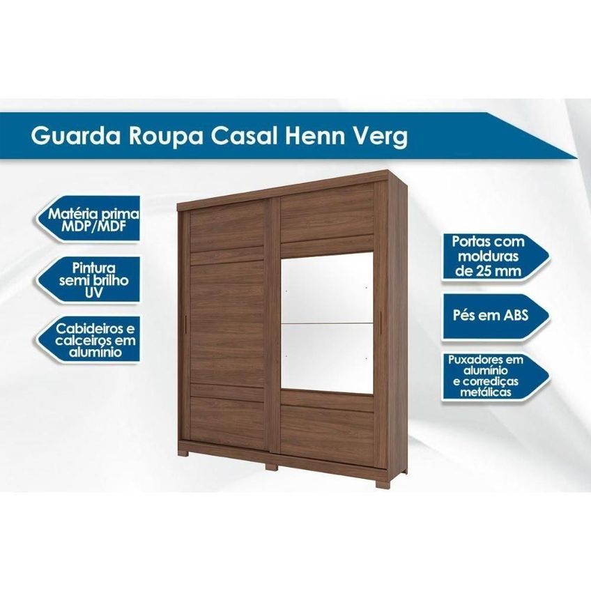 Guarda Roupa Casal Verg 2 Portas De Correr 3 Gavetas Mdf-mdp Branco Moveis Henn - imagem 5
