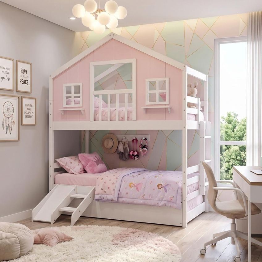 Treliche Casinha Dos Sonhos Com Varanda E Kit Escorregador Madeira Maciça Rosa Branco Housin - imagem 4