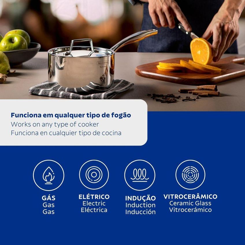 Panela Grano Aço Inox Corpo Triplo Indução Cozinha Tramontina 1,7l - imagem 3