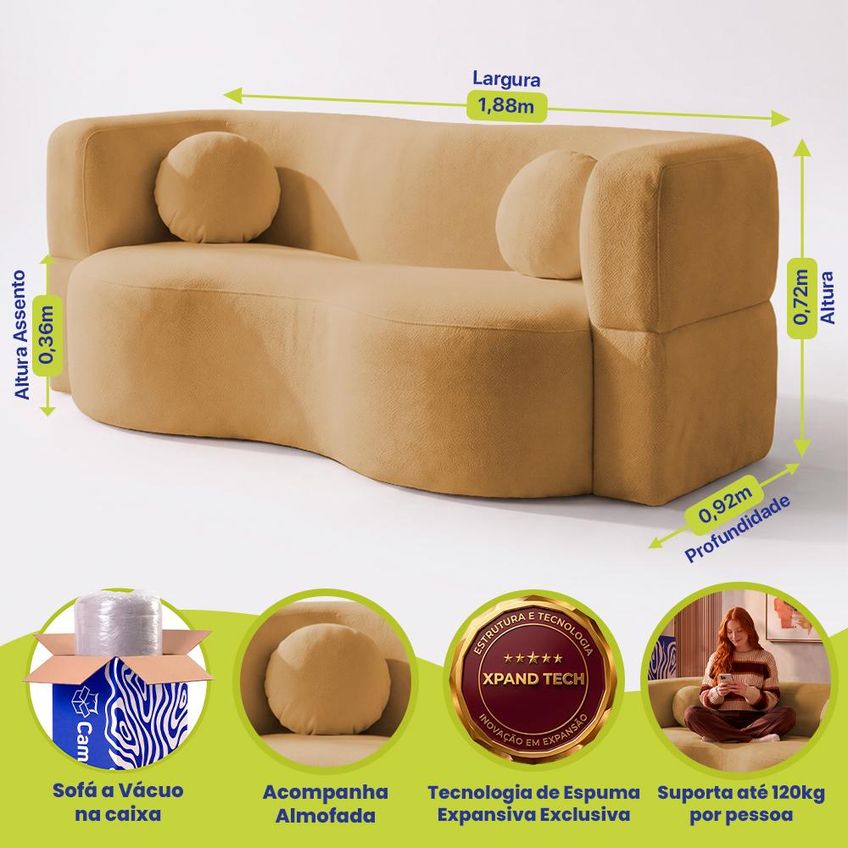 Sofá Cama Bolge 1,88m Xpand Tech Tecido Bouclê Caramelo Cama Inbox - imagem 3
