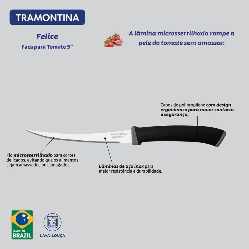 Faca Para Tomate Felice Aço Inox Corte Microsserrilhado Cabo Polipropileno Preto Tramontina - imagem 5