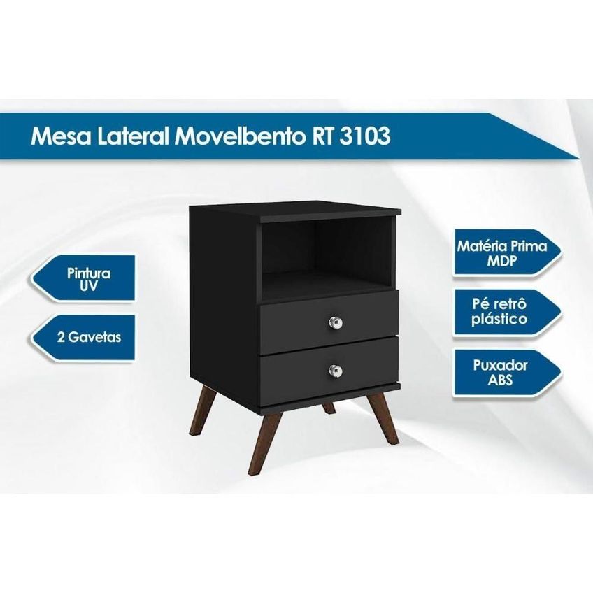 Mesa Cabeceira Casal RT3103 2 Gavetas MDP Francês Preto Movelbento - imagem 5