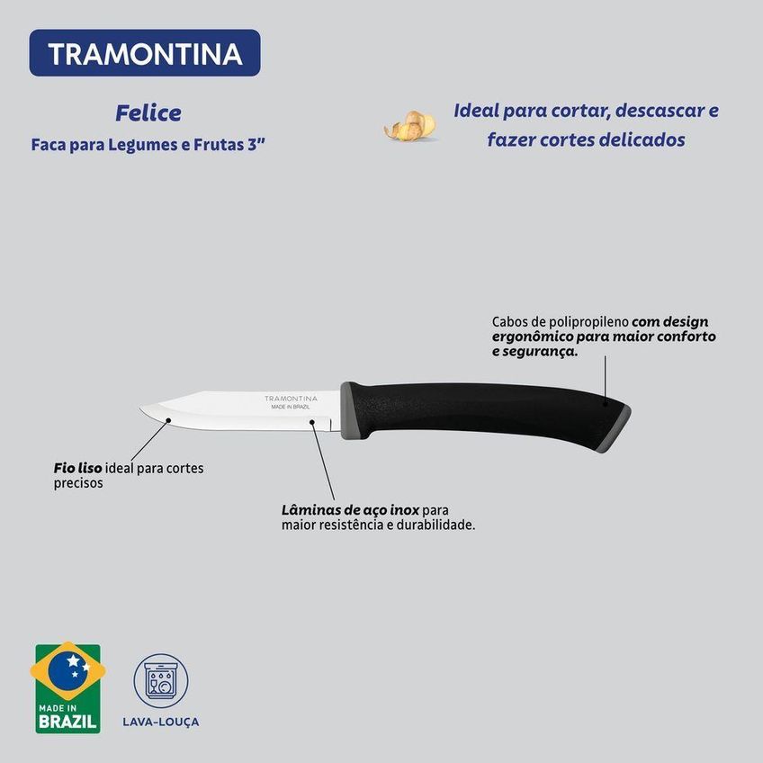Faca Para Legumes E Frutas Felice Aço Inox Cabo Polipropileno Preto Cozinha Tramontina - imagem 3