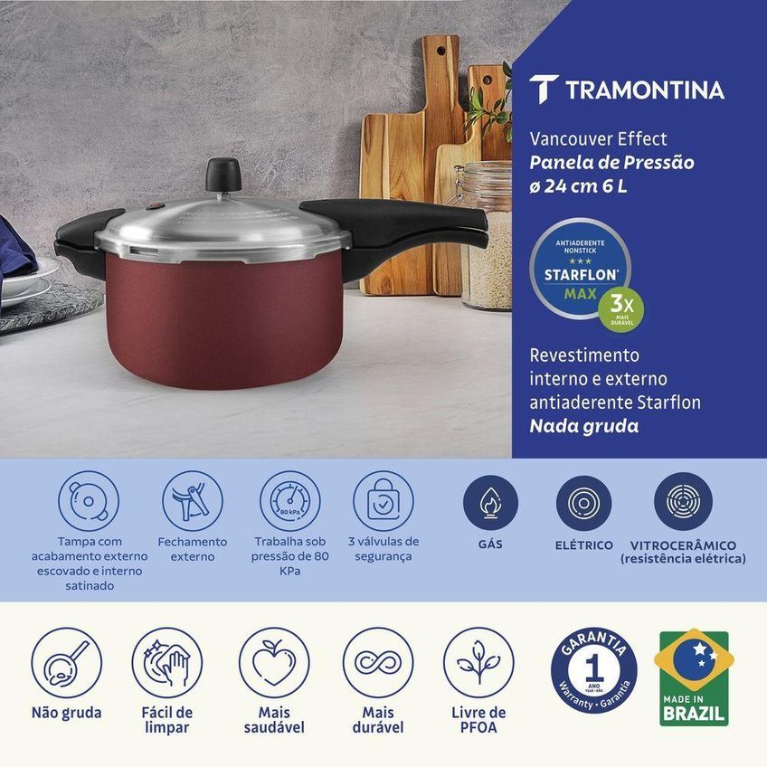 Panela De Pressão Vancouver Effect Alumínio Antiaderente 6l Tramontina Vermelha - imagem 4
