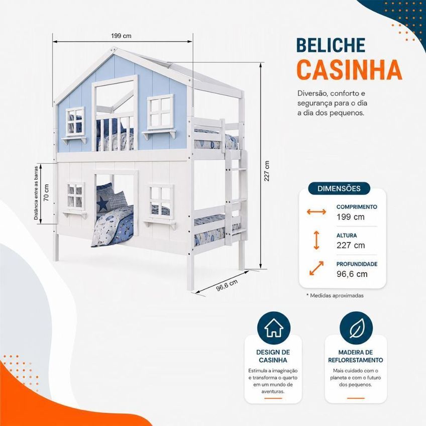 Beliche Infantil Solteiro Casinha Dos Sonhos Madeira Maciça Branco Azul Housin - imagem 3