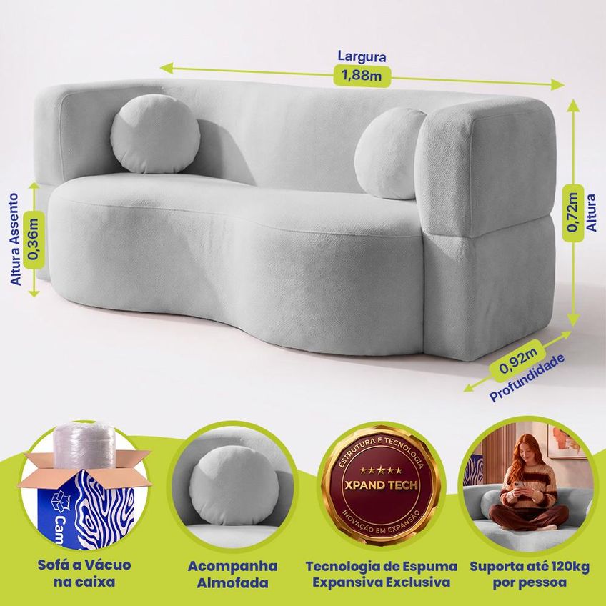 Sofá Cama Bolge 1,88m Xpand Tech Tecido Bouclê Cinza Claro Cama Inbox - imagem 3