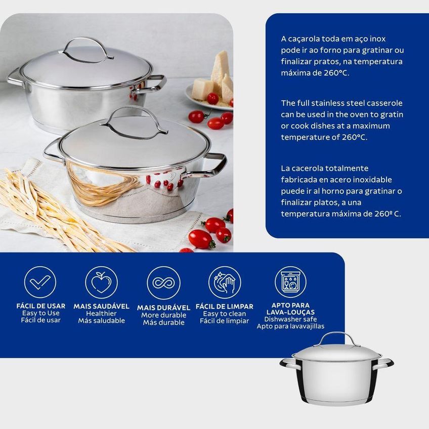 Caçarola Rasa Allegra Aço Inox Fundo Triplo 3,3l 22cm Com Tampa Tramontina - imagem 3