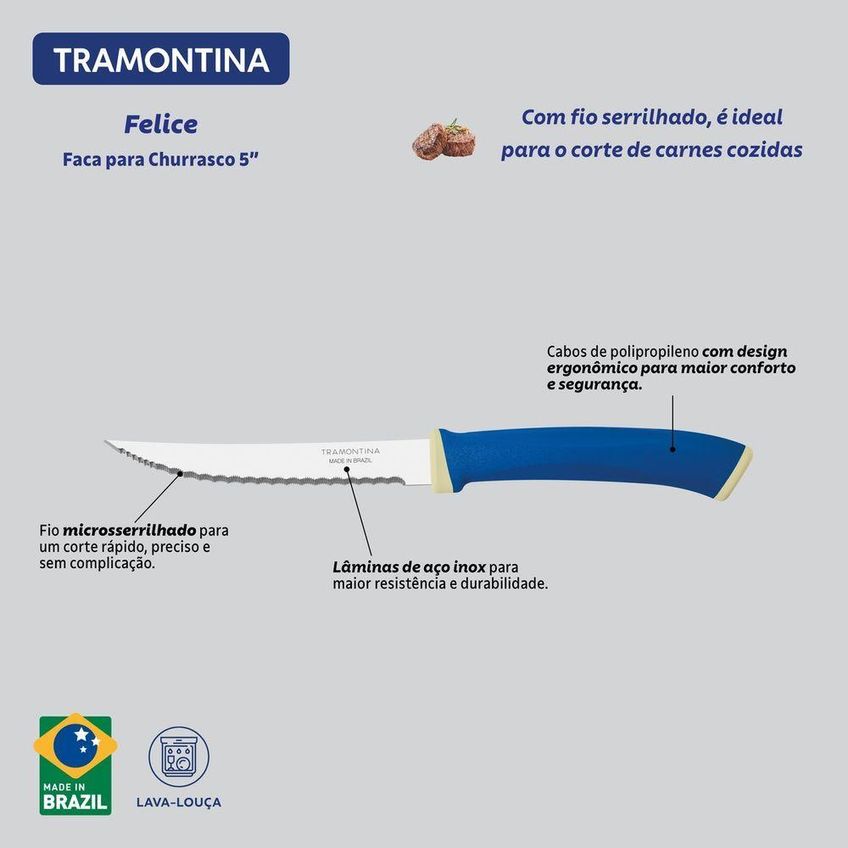 Faca Para Churrasco Felice 5 Corte Preciso Aço Inox Cabo Polipropileno Azul Tramontina - imagem 4