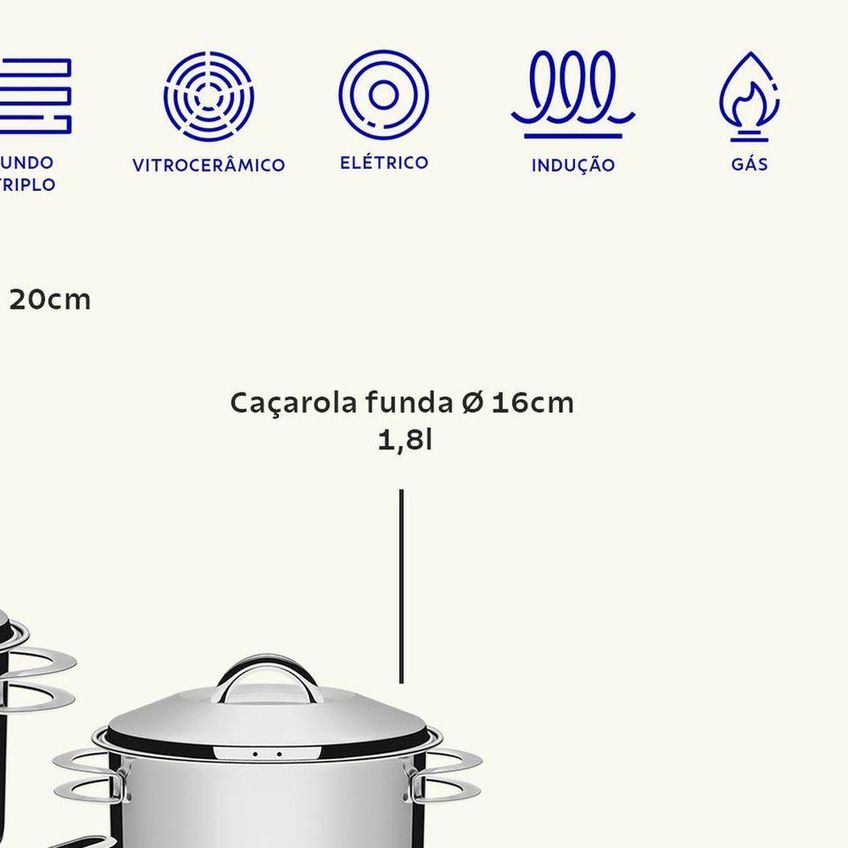 Jogo De Panelas Solar Aço Inox Fundo Triplo 4 Peças Tramontina Compatível Fogão Gás Elétrico - imagem 5
