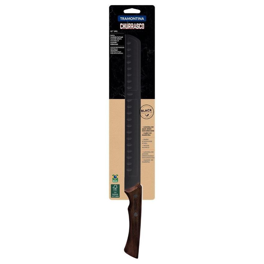 Faca Para Fatiar Churrasco Black Aço Inox E Madeira Sulcos Que Reduzem Atrito Para Carnes Tramontina - imagem 5