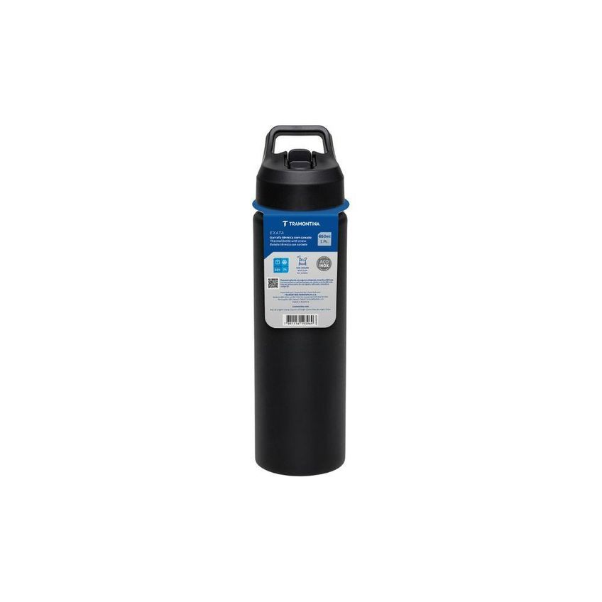 Garrafa Térmica Com Canudo Parede Dupla Isolada A Vácuo Aço Revestido Preta 650ml Tramontina - imagem 4
