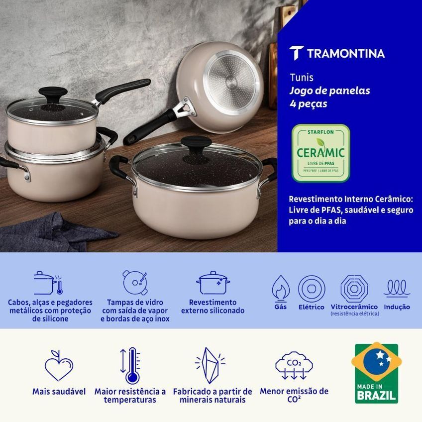 Jogo Panelas Tunis Alumínio Cerâmica Indução Revestimento Interno Cerâmico 4 Peças Rosa Tramontina - imagem 3