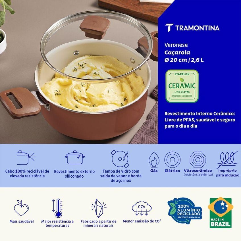 Caçarola Veronese Alumínio Reciclado Revestimento Cerâmico 2,6l Argila Tramontina - imagem 3